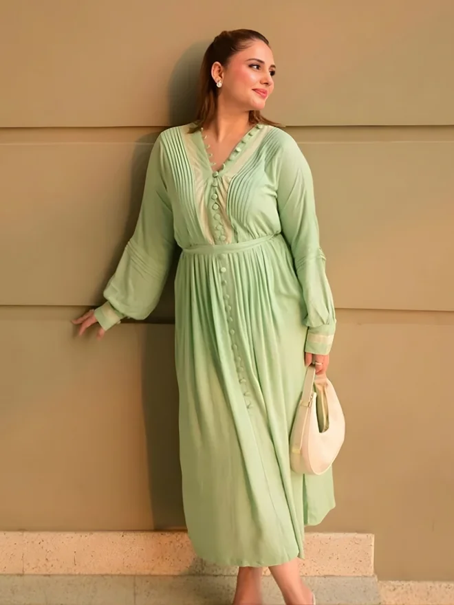 زوك Zauk Women Pleated Button Loop Maxi Dress